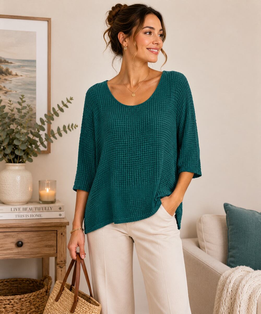 Lands End Knit Top Womens Plus Size 2X Polka-dot 3/4 Sleeve Green Casual Comfy